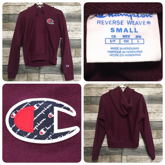 Champion Reverse Weave Hoodie Youth Size S Burgundy Pullover Big C - Picture 1 of 10